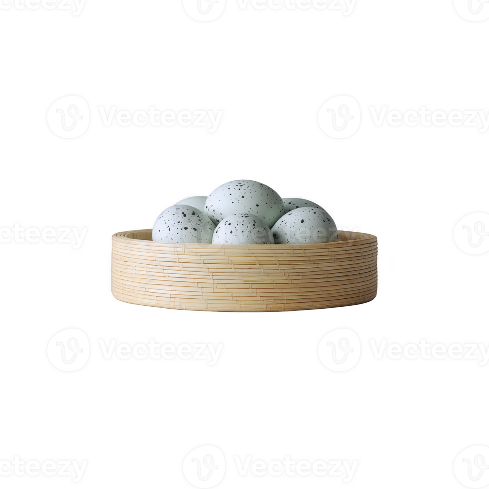 Bamboo basket filled with speckled eggs creates rustic and natural display, evoking sense of simplicity and organic charm png