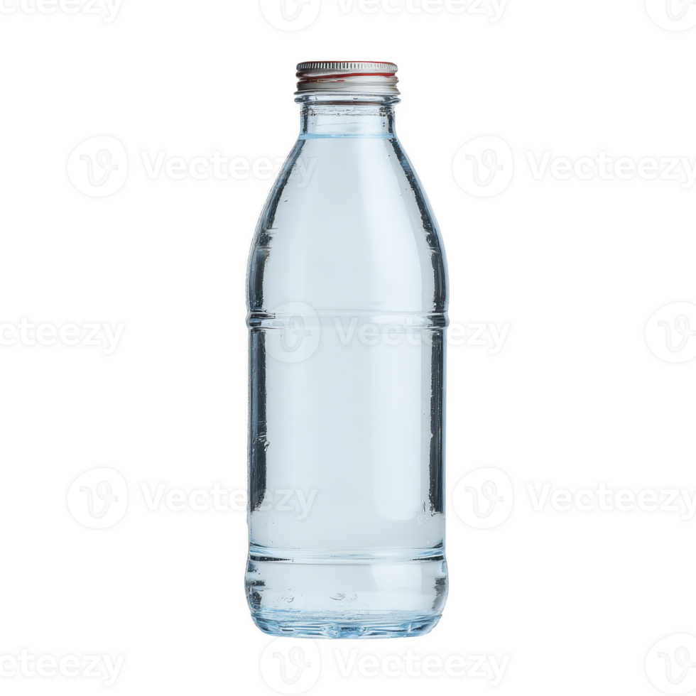 Clear glass bottle filled with water, featuring metal cap, stands against plain background. simple design highlights bottle transparency and purity of water inside png