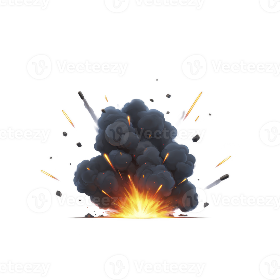 Dramatic explosion with fiery orange and yellow flames erupts, surrounded by thick black smoke and flying debris, creating sense of chaos and intensity png