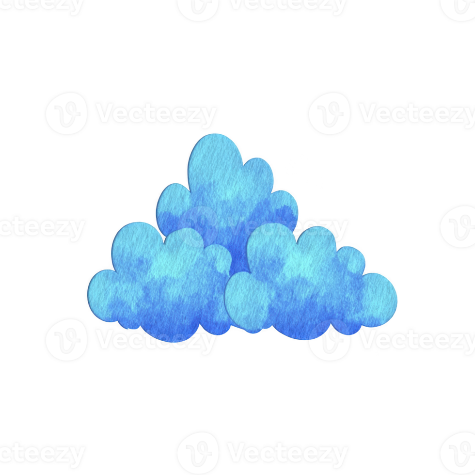 Watercolor illustration of fluffy blue clouds, evoking serene and dreamy atmosphere. soft, rounded shapes and varying shades of blue create calming visual effect png