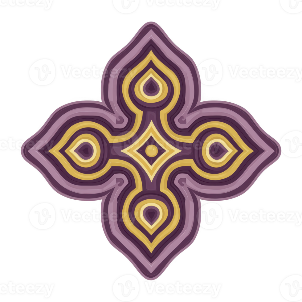 Symmetrical, abstract design features layered purple and yellow shapes forming cross like pattern. intricate, geometric motif creates sense of balance and harmony png