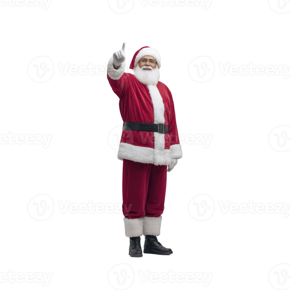 Santa Claus in classic red suit with white trim stands joyfully pointing upwards, embodying festive spirit. His iconic attire includes black belt and boots, symbolizing holiday cheer png