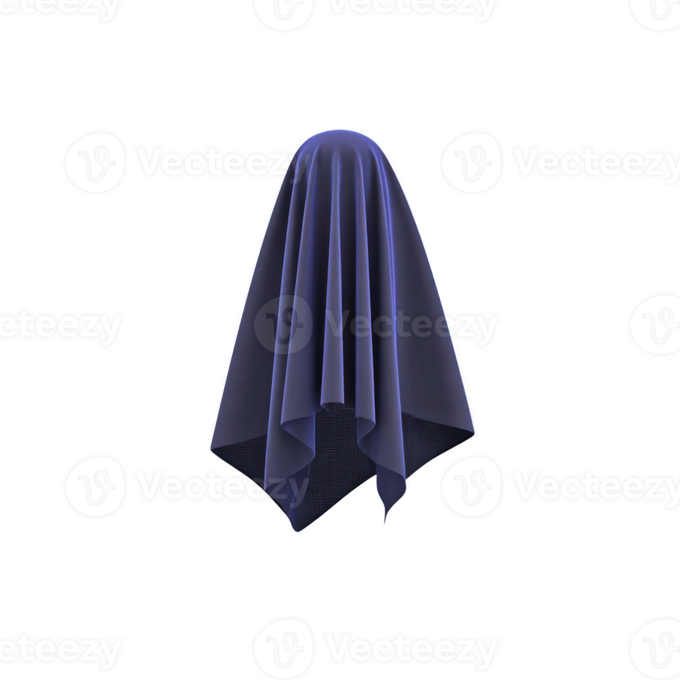 Dark blue, semi transparent fabric draped over invisible object creates mysterious and ghostly appearance. fabric smooth texture and flowing folds add ethereal quality to scene png