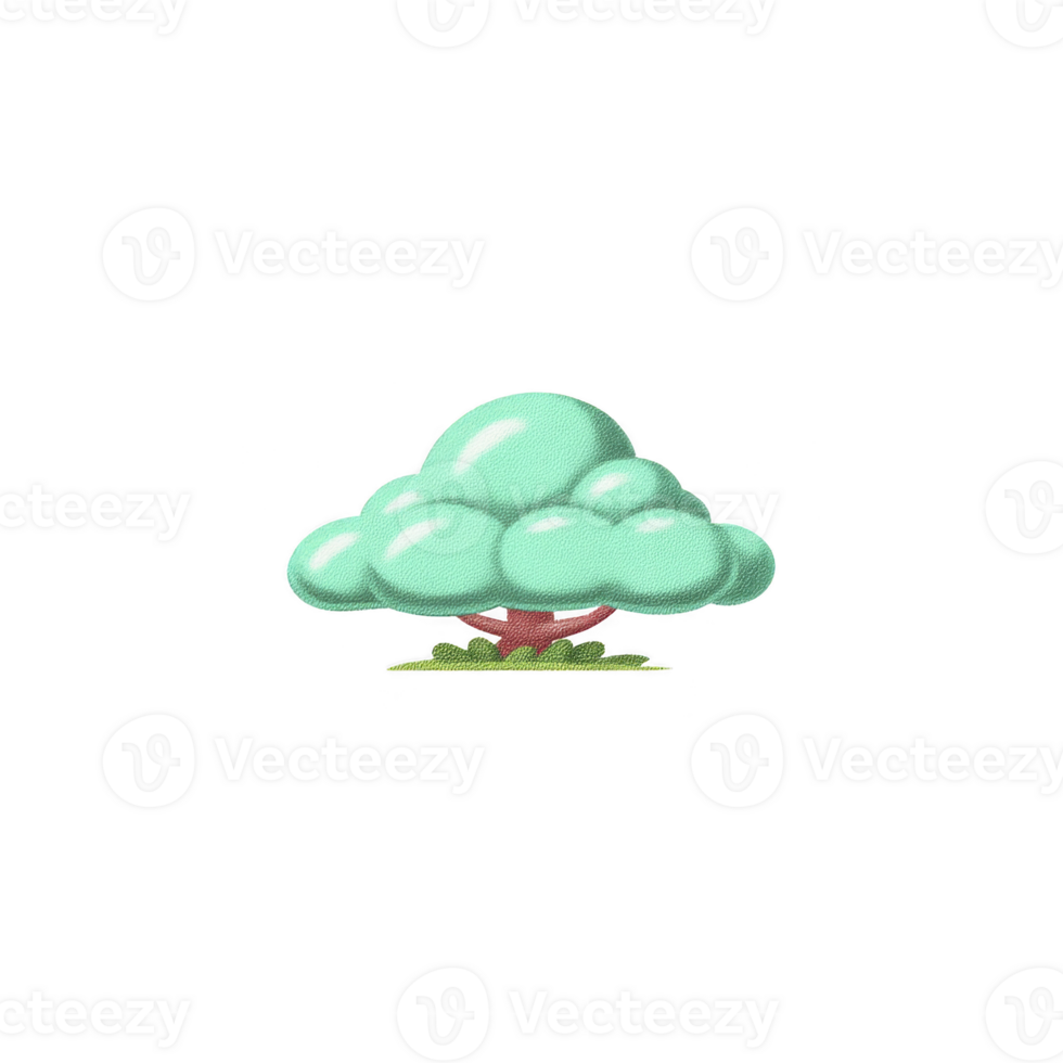 Cartoon style tree with fluffy, cloud like green canopy and simple brown trunk stands on small patch of grass, set against plain background png