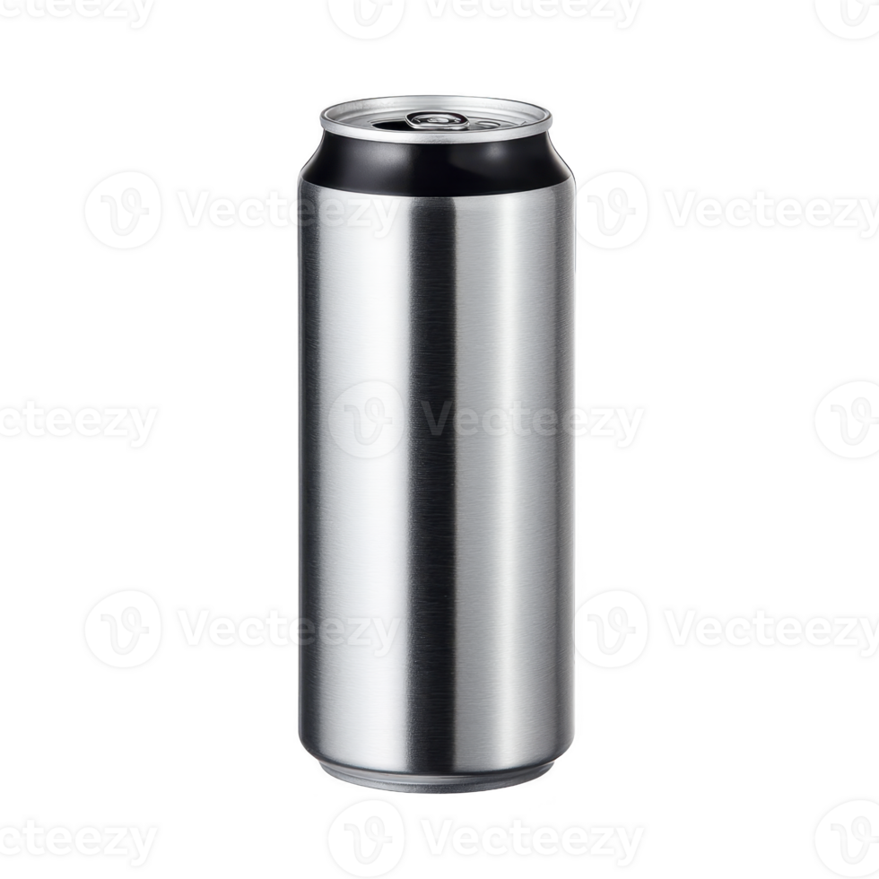 Sleek, tall aluminum can with minimalist design, perfect for beverages like soda or energy drinks. shiny metallic surface reflects light, giving it modern look png
