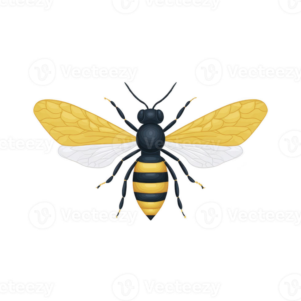 Detailed illustration of bee with vibrant yellow and black stripes, showcasing its delicate wings and intricate body structure. image highlights bee natural beauty and symmetry png