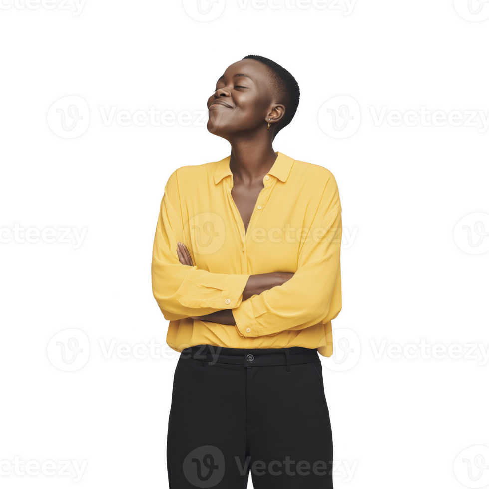 Person wearing bright yellow shirt stands confidently with arms crossed, exuding sense of joy and satisfaction. background is plain, emphasizing subject expression and attire png