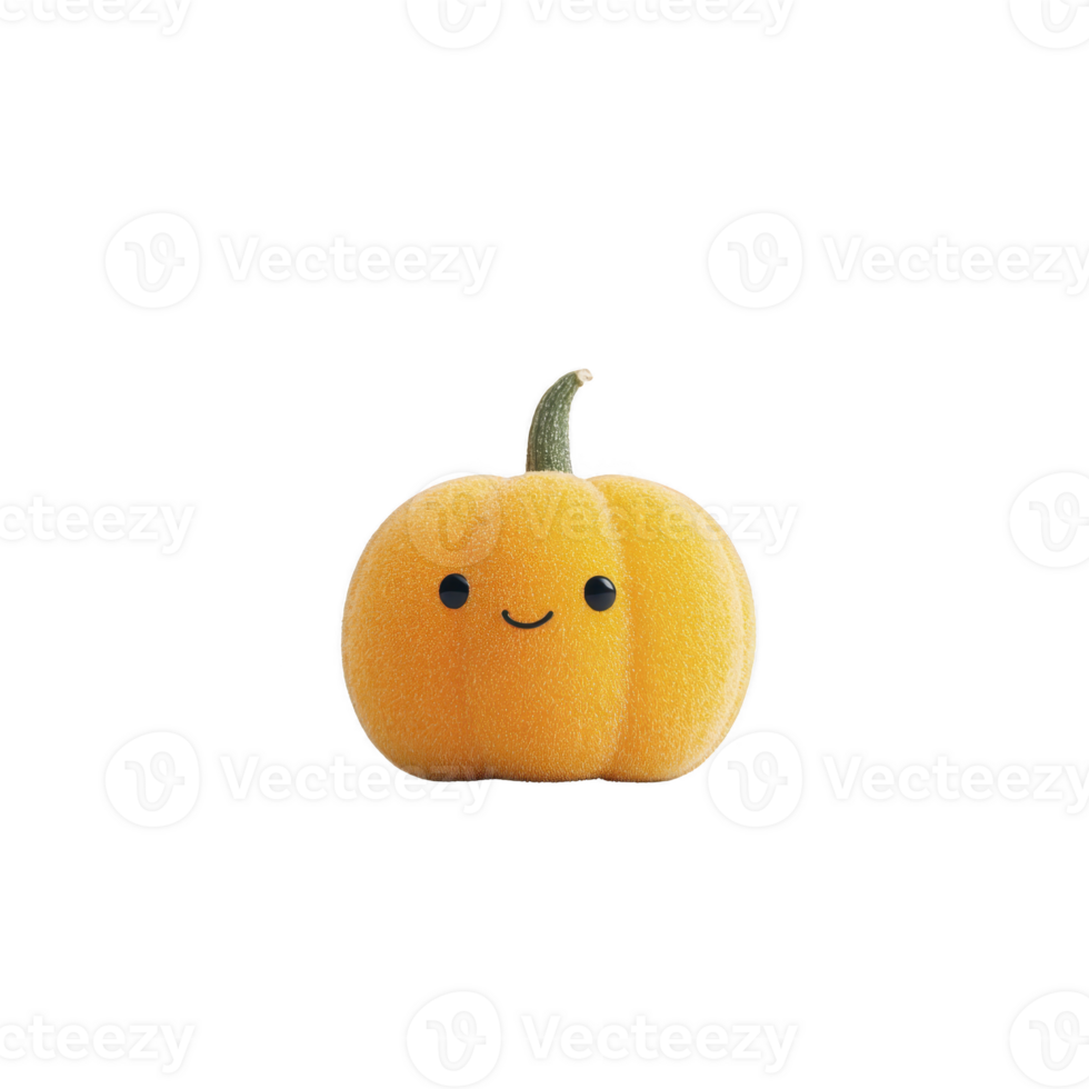 Cute, smiling pumpkin with textured surface and green stem, isolated on transparency background, evokes playful and cheerful autumn vibe png