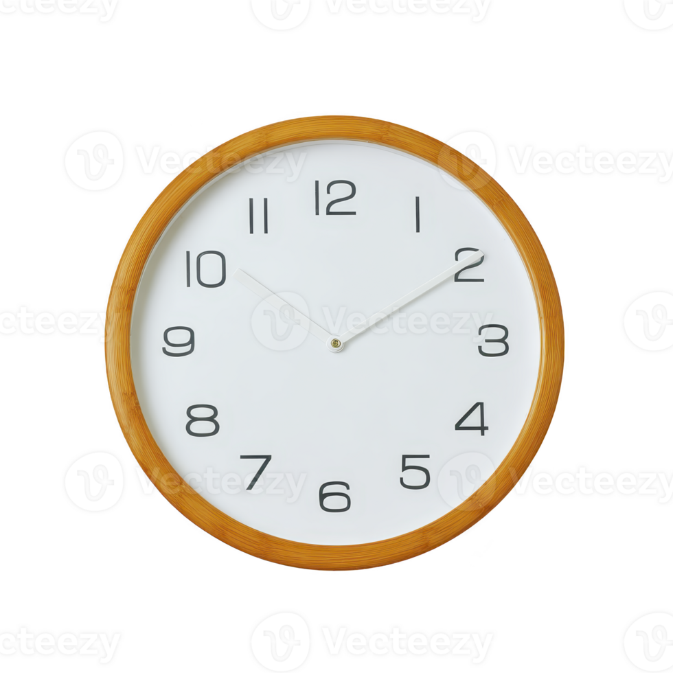 Round wall clock with wooden frame and minimalist design features black numerals and hands on white face, showing simple and elegant style png