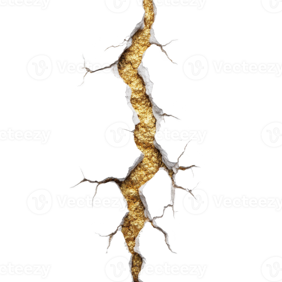 Vertical crack with golden texture and jagged edges on transparency background, resembling lightning bolt or geological fissure. contrast highlights shimmering gold against dark backdrop png
