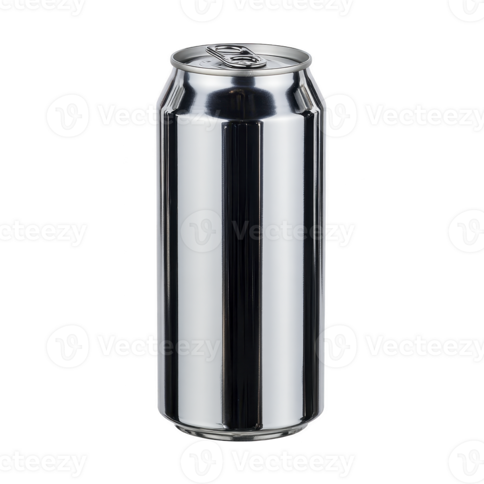 Tall, sleek aluminum can with shiny, reflective surface stands upright, showcasing its modern design. can is unopened, with pull tab on top, and is isolated on transparency background png