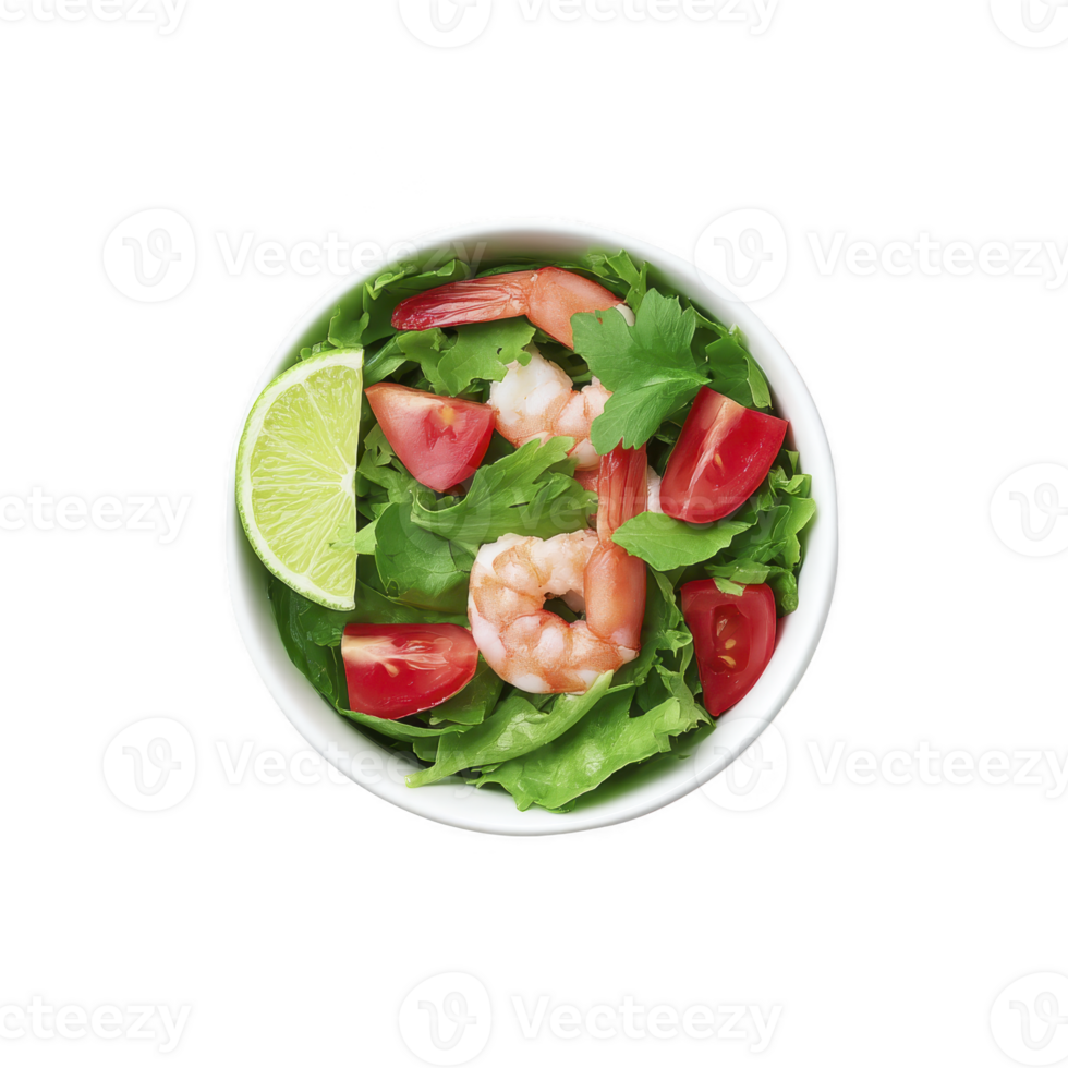 Fresh shrimp salad with vibrant greens, juicy tomatoes, and lime wedge in white bowl. colorful ingredients create appetizing and healthy dish png