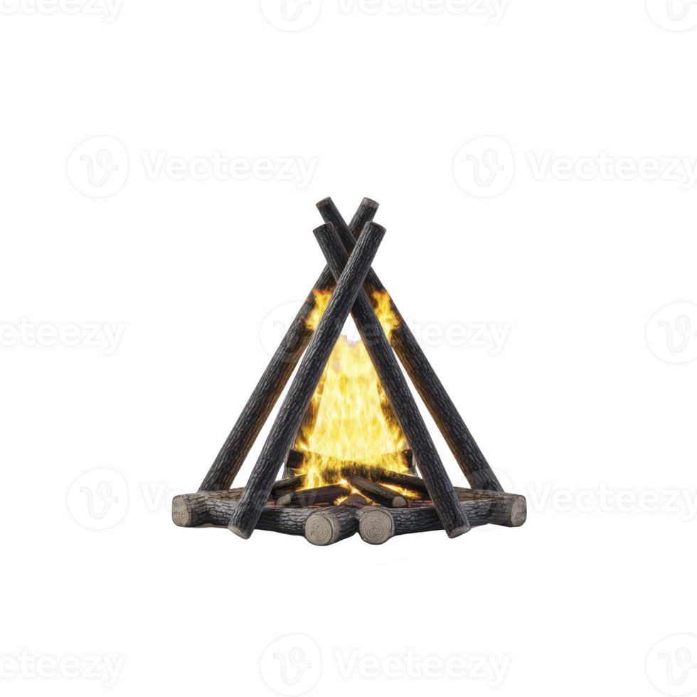 Campfire with wooden logs arranged in teepee shape, burning brightly with yellow flames. fire creates warm and inviting atmosphere, perfect for outdoor gatherings or camping experiences png