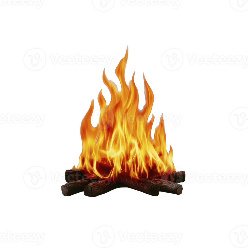 Vibrant campfire with bright orange flames flickers energetically, casting warmth and light. logs beneath fire are charred, adding to rustic outdoor ambiance png