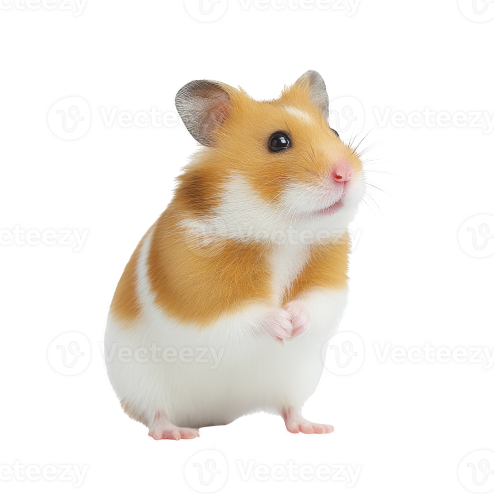 Cute hamster with brown and white fur stands on its hind legs, looking curiously ahead. Its small paws are held close to its chest, and its whiskers are prominently visible png