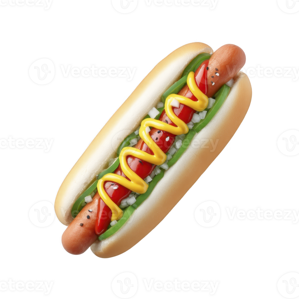 Delicious hot dog topped with mustard, ketchup, onions, and relish in soft bun, perfect for quick snack or meal png