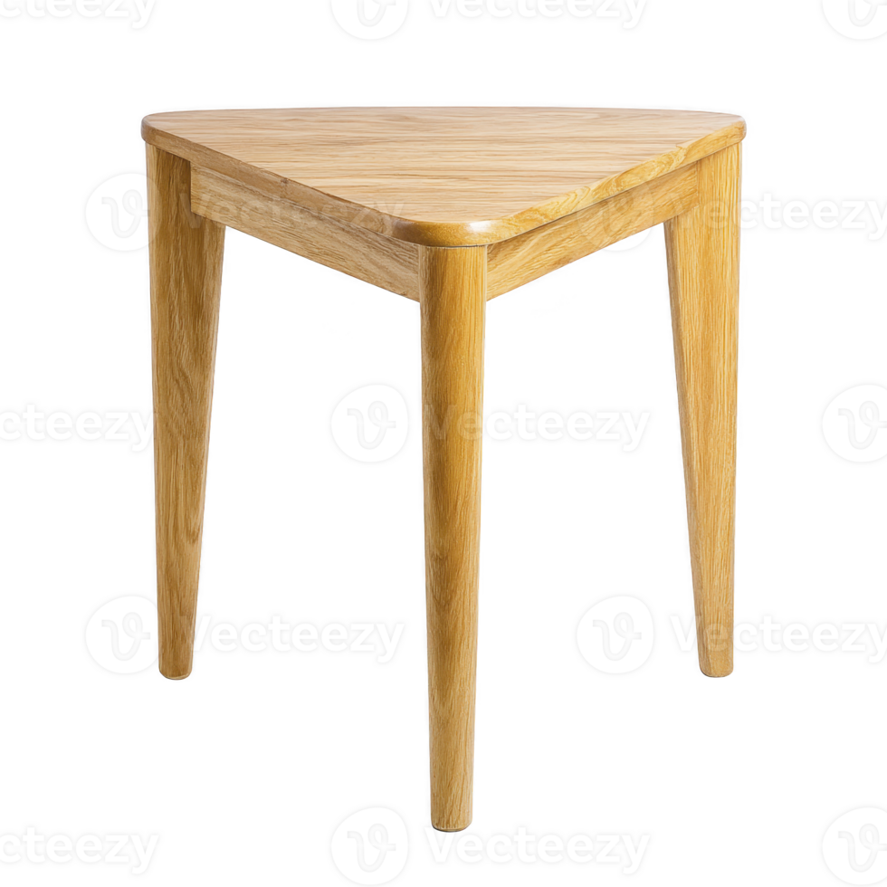 Wooden triangular table with smooth finish and three sturdy legs, perfect for modern or minimalist interiors. natural wood grain adds warmth and elegance to any space png