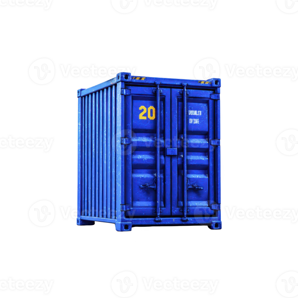 Vibrant blue shipping container stands isolated against transparency background, showcasing its industrial design and sturdy metal construction. container features bold number 20 on its side png