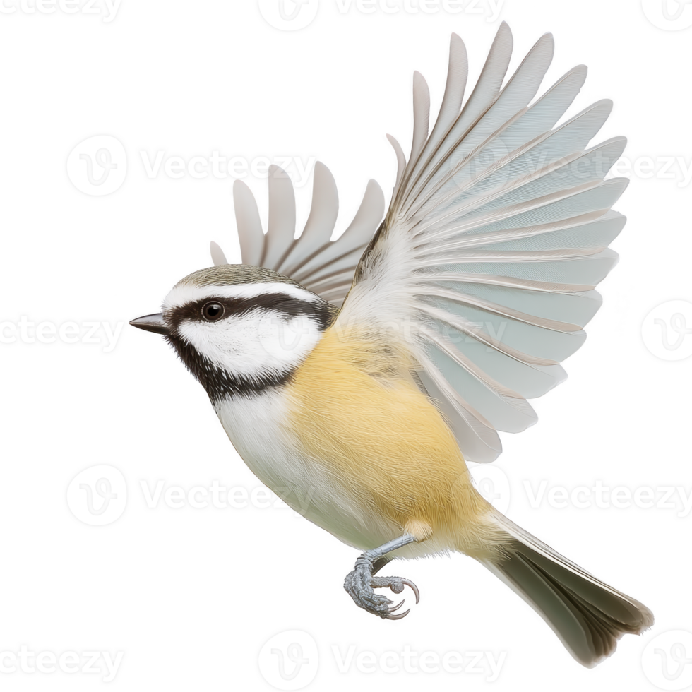 Small bird with vibrant yellow and black markings is captured mid flight, showcasing its detailed feathers and graceful wingspan. image highlights bird dynamic movement and natural beauty png