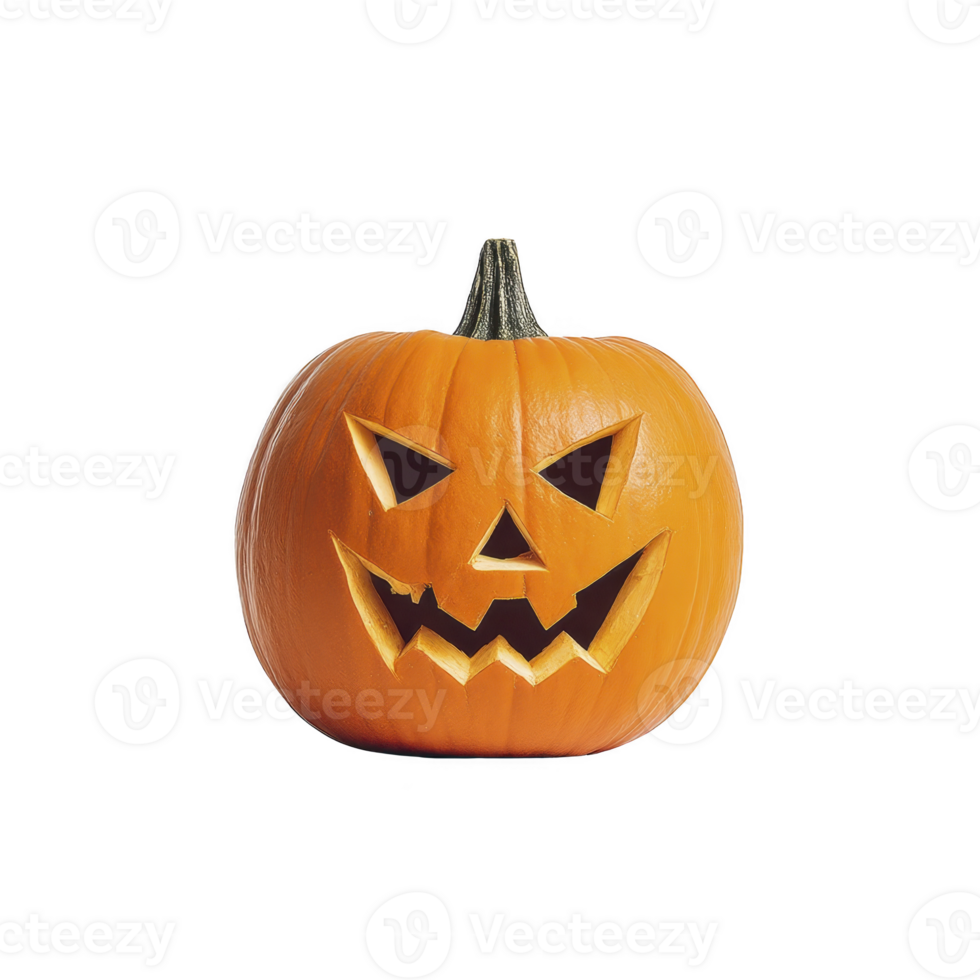 Carved pumpkin with menacing expression, featuring triangular eyes and jagged mouth, perfect for Halloween decoration. vibrant orange color adds to its festive appeal png