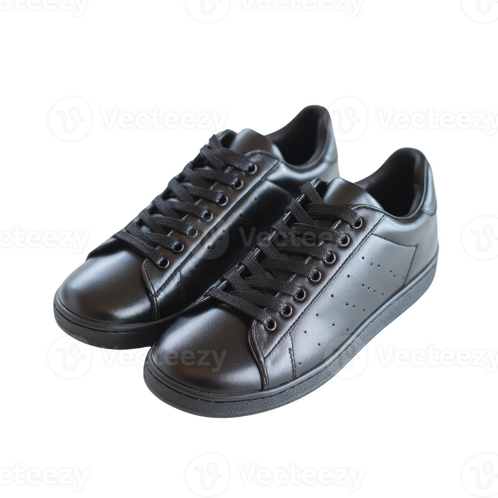 Pair of sleek black leather sneakers with minimalist design, featuring perforated side details and black laces, perfect for casual or formal wear png
