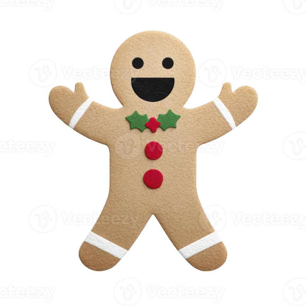 Cheerful gingerbread man with smiling face, decorated with red buttons and green holly leaves, embodies festive holiday spirit png