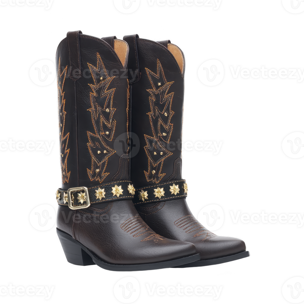 Dark brown cowboy boots with intricate embroidery and decorative buckles, showcasing classic Western style. boots feature pointed toe and low heel, ideal for both fashion and function png