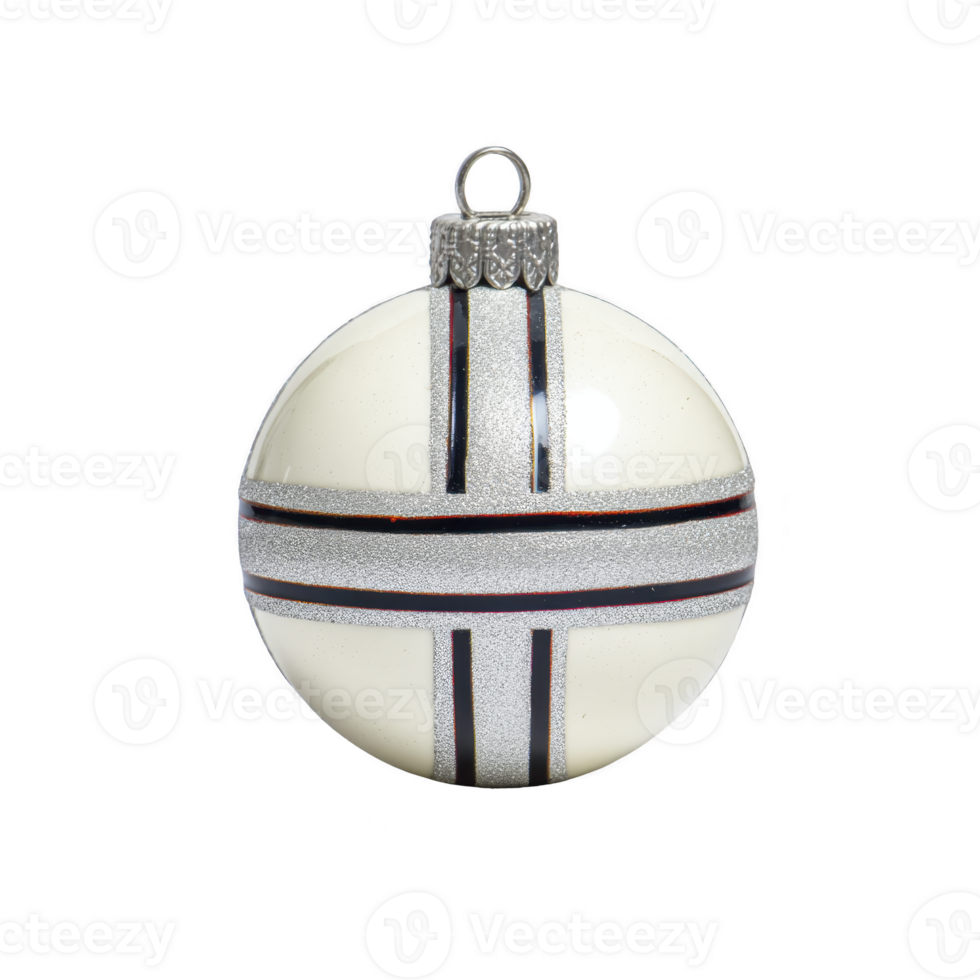 White Christmas ornament with silver and black stripes, featuring metallic cap and loop for hanging, is displayed against plain background. design is simple yet elegant png