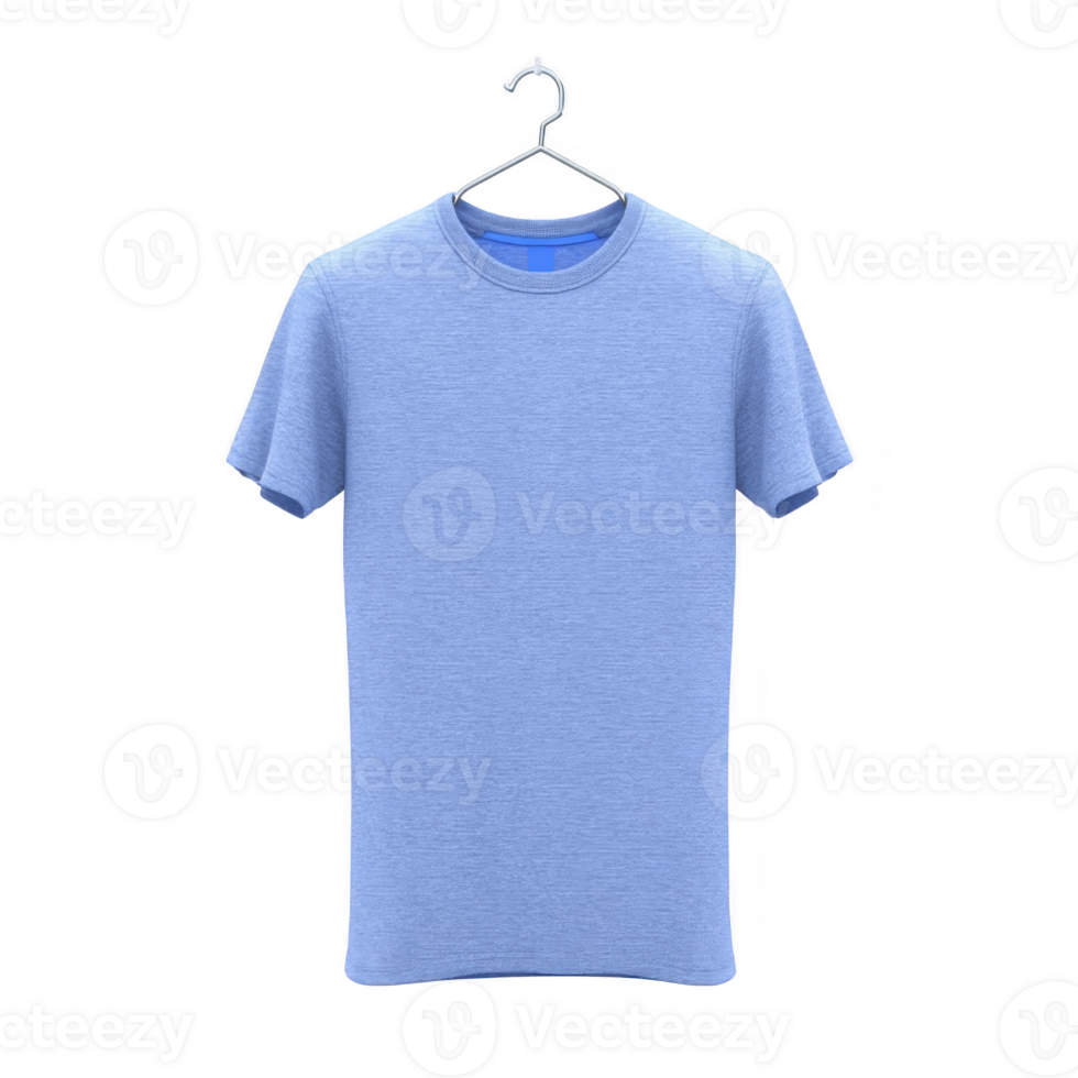 Plain blue t shirt is displayed on hanger against transparency background, showcasing its simple design and casual style. shirt is short sleeved and made of soft fabric png