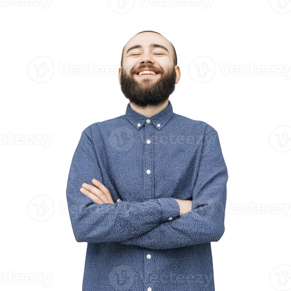 Bearded man in blue patterned shirt stands with arms crossed, smiling joyfully against plain background. His expression conveys happiness and confidence png