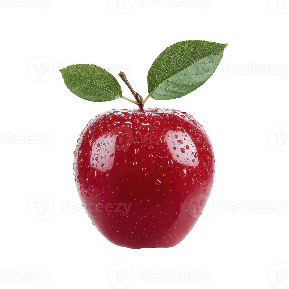 Fresh red apple with water droplets and green leaves on transparency background, showcasing its vibrant color and natural texture png
