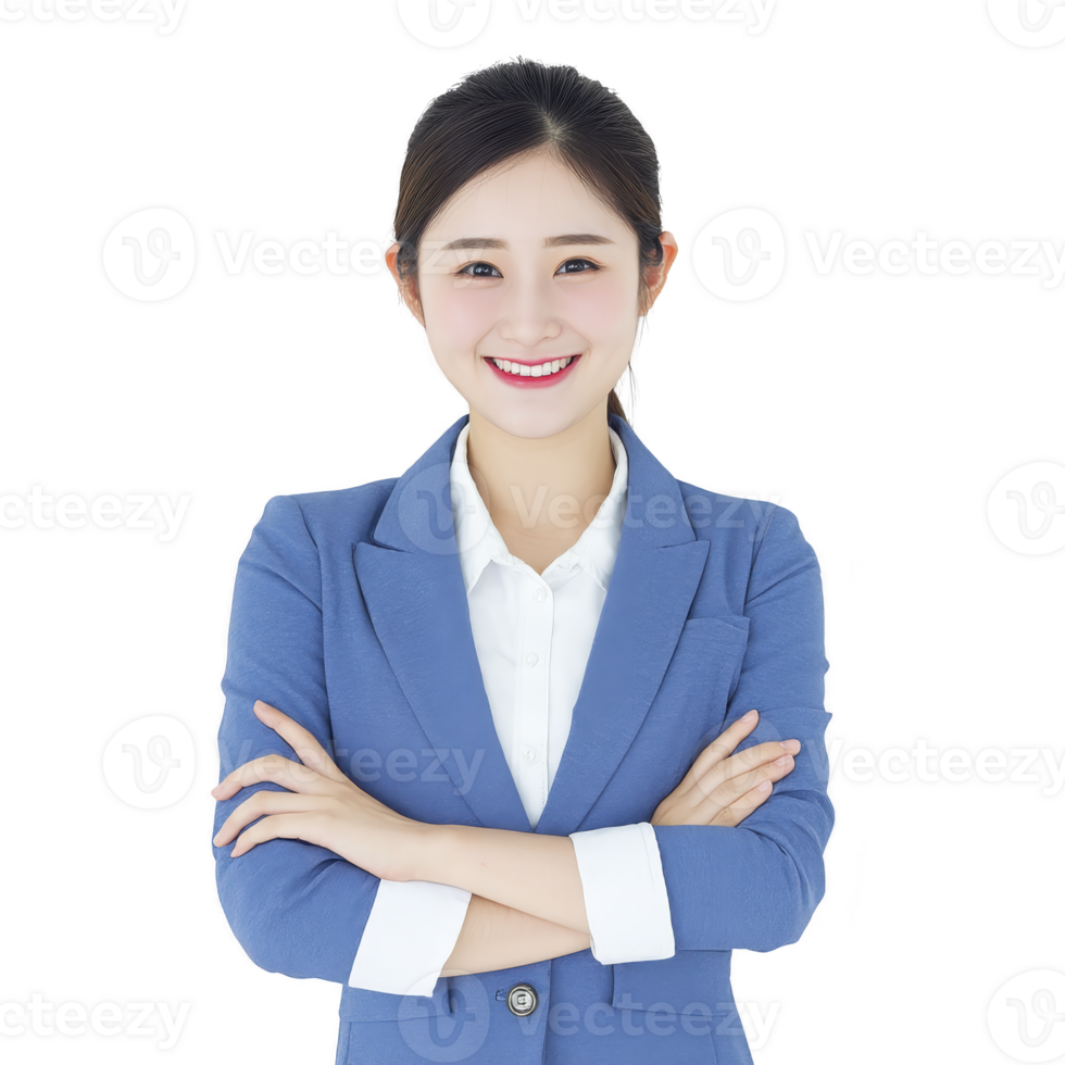Confident woman in blue blazer and white shirt stands with arms crossed, smiling warmly. Her professional attire and friendly demeanor convey approachability and competence png