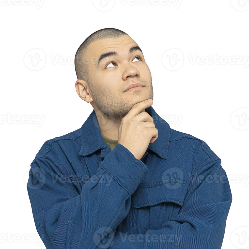 Thoughtful person in blue jacket looks upward with hand on their chin, conveying curiosity and contemplation. background is plain, emphasizing individual expression png