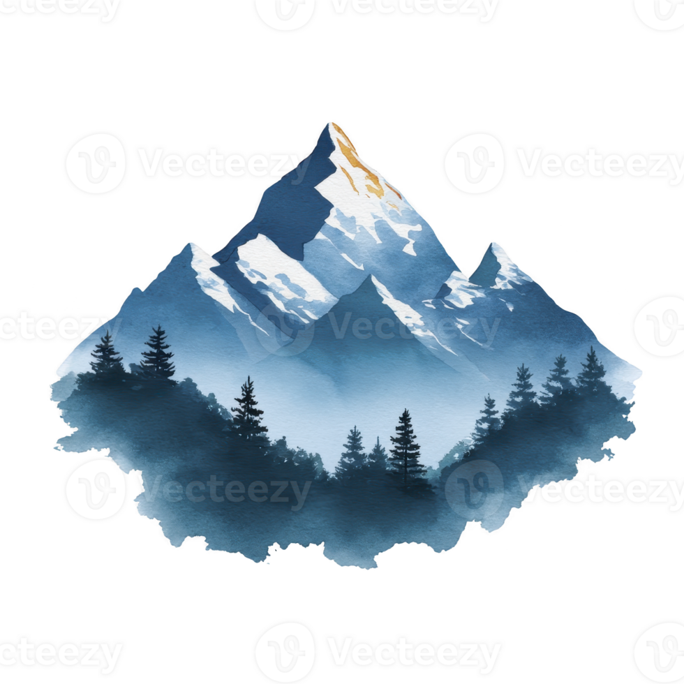 Serene watercolor painting of majestic mountain peak with snow capped summits and forest of evergreen trees at its base, evoking sense of tranquility and natural beauty png