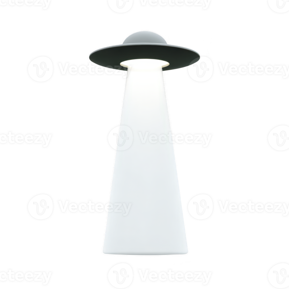Modern UFO shaped lamp emits bright, focused beam of light, resembling classic flying saucer. sleek design combines futuristic aesthetics with functional lighting, perfect for contemporary png