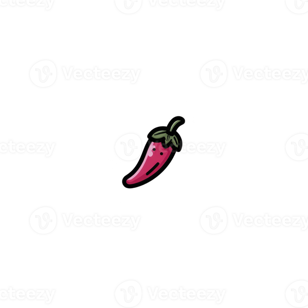 Cute, cartoon style illustration of red chili pepper with smiling face and green stem, set against plain background. playful design adds fun and whimsical touch png