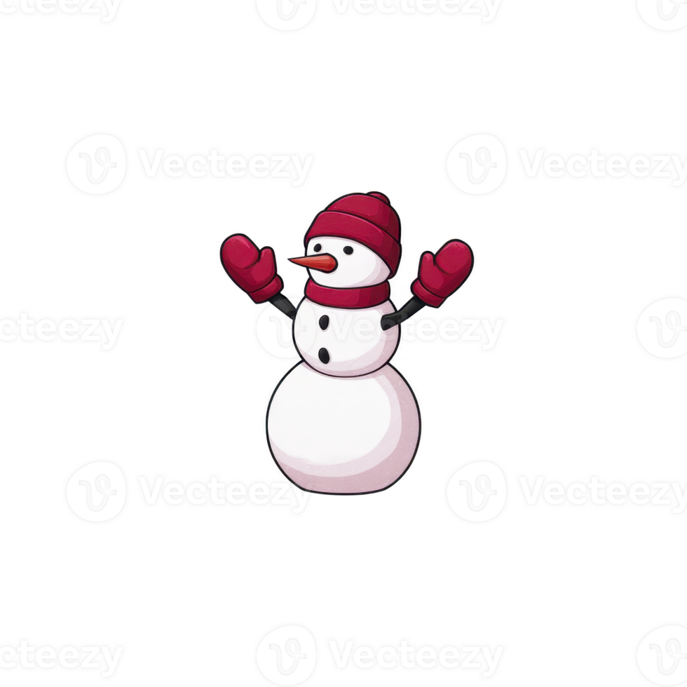 Cheerful snowman with red hat, scarf, and mittens raises its arms in joy. snowman is made of three snowballs and has carrot nose and coal buttons png