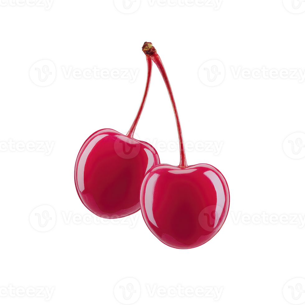 Two vibrant red cherries with stems are depicted against plain background, showcasing their glossy texture and fresh appearance png