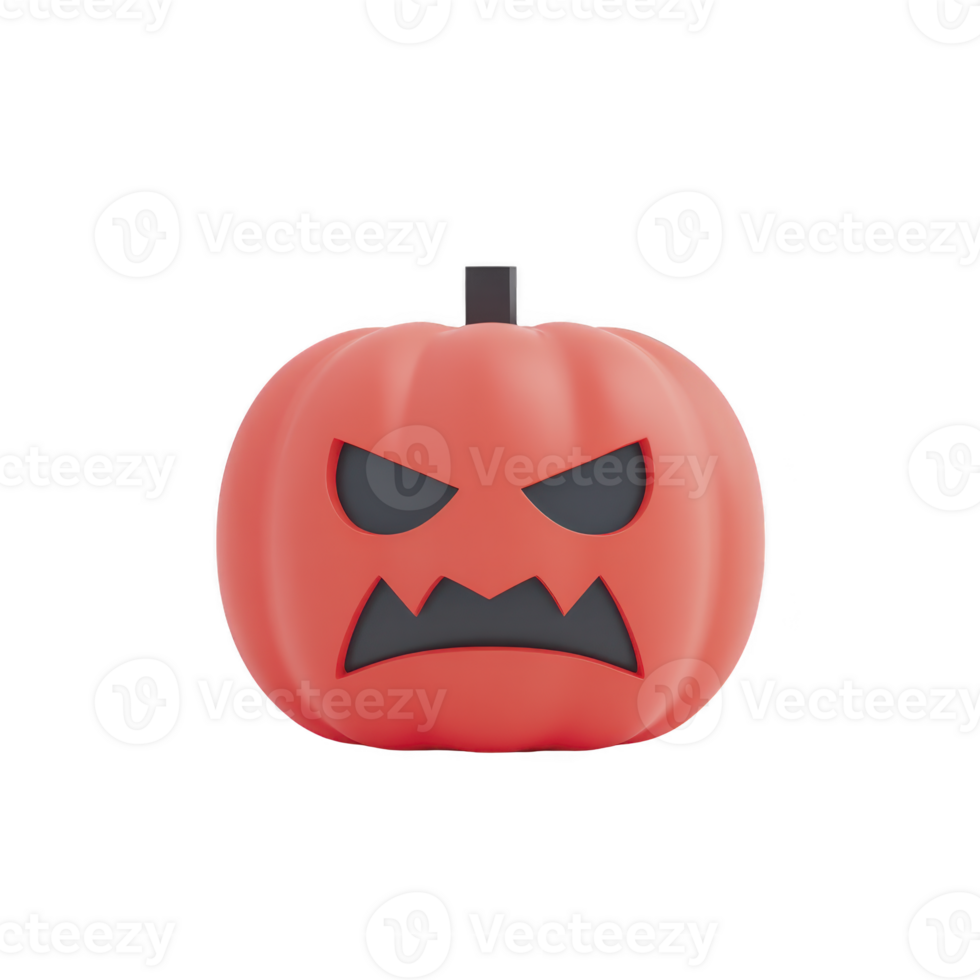 3D illustration of red pumpkin with menacing face, featuring sharp eyes and jagged mouth, perfect for Halloween themes. pumpkin is isolated on transparency background png