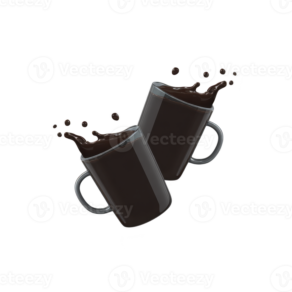 Two black coffee mugs with splashing liquid create dynamic and energetic scene. mugs are tilted towards each other, suggesting celebratory toast png