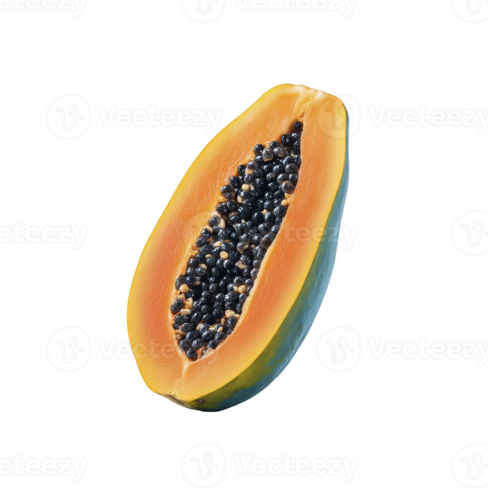 Ripe papaya is sliced in half, revealing its vibrant orange flesh and numerous black seeds. fruit smooth texture and rich color make it visually appealing and appetizing png