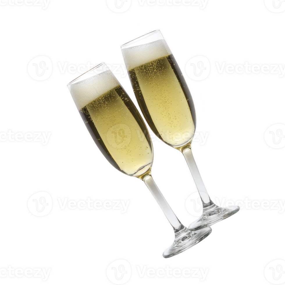 Two champagne flutes filled with bubbly champagne are tilted together, symbolizing celebration and joy. golden liquid sparkles with bubbles, creating elegant and festive atmosphere png