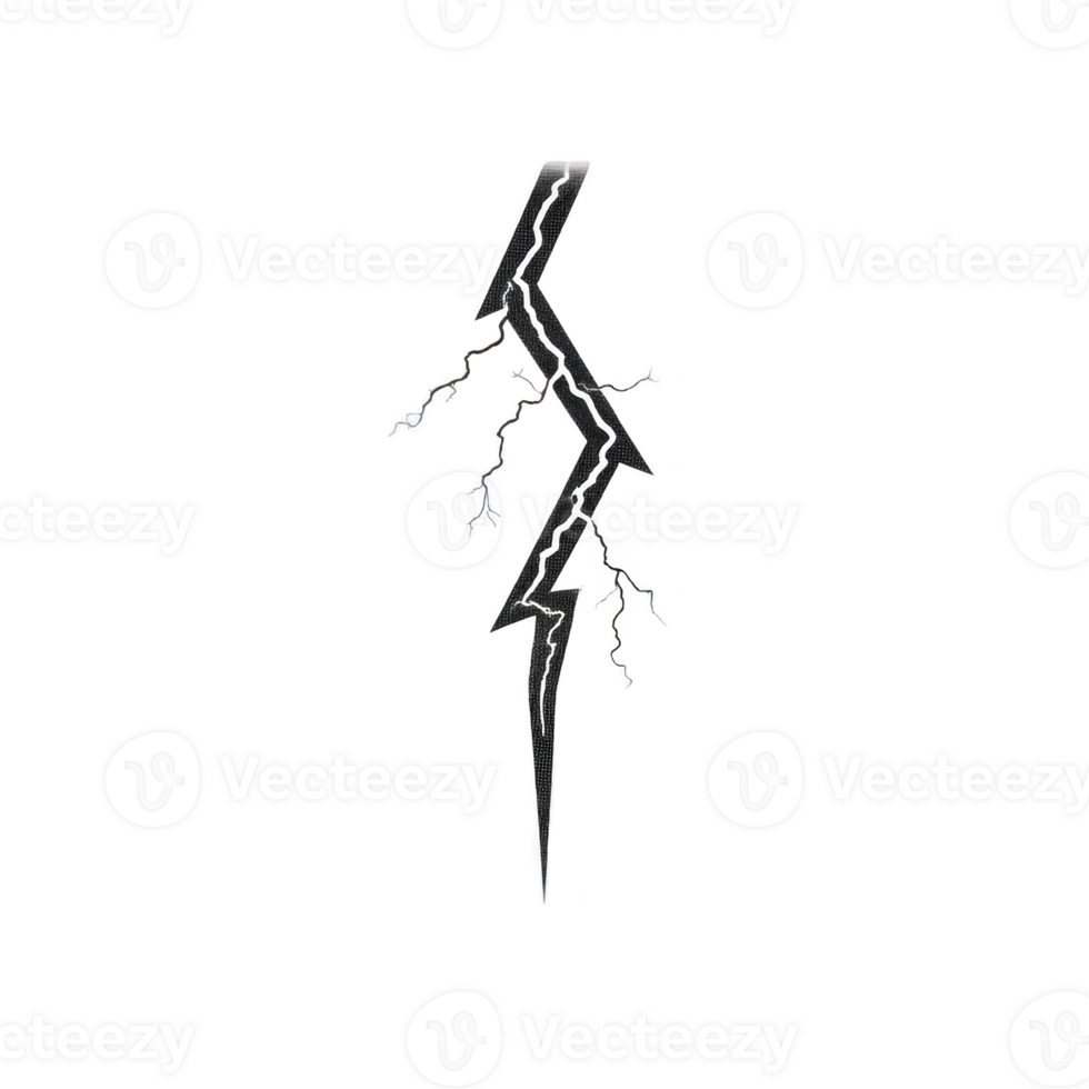 Jagged black lightning bolt with sharp edges and branching lines, set against transparent background, creates striking and dynamic visual png
