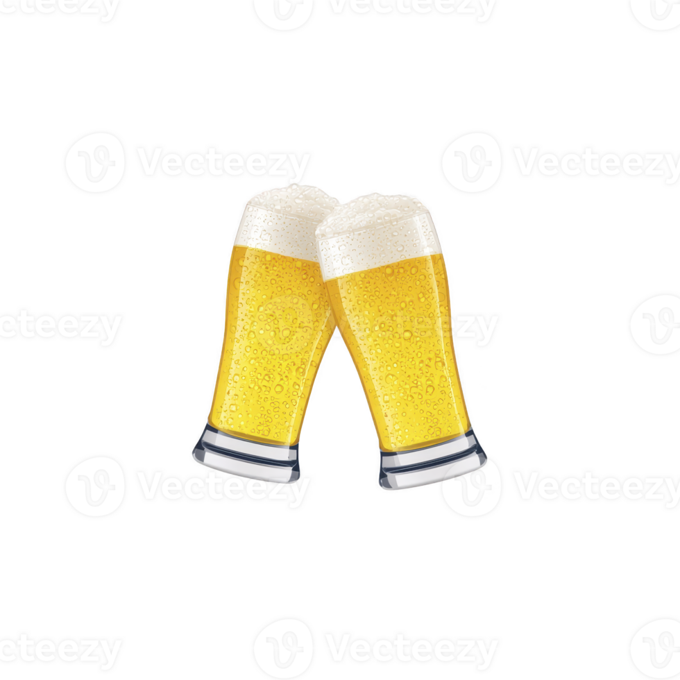 Two frothy beer glasses clinking together, symbolizing celebration and camaraderie. golden liquid with bubbles and foam adds refreshing touch to image png
