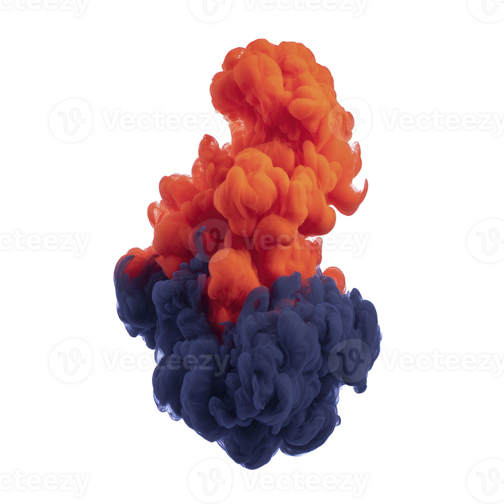 Vibrant orange and blue ink clouds swirl and merge in water, creating dynamic and abstract visual. colors blend seamlessly, forming intricate patterns and textures png