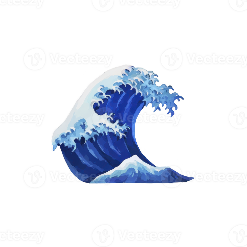 Powerful, stylized wave illustration captures dynamic motion of ocean with vibrant blue and white hues, evoking sense of energy and movement png