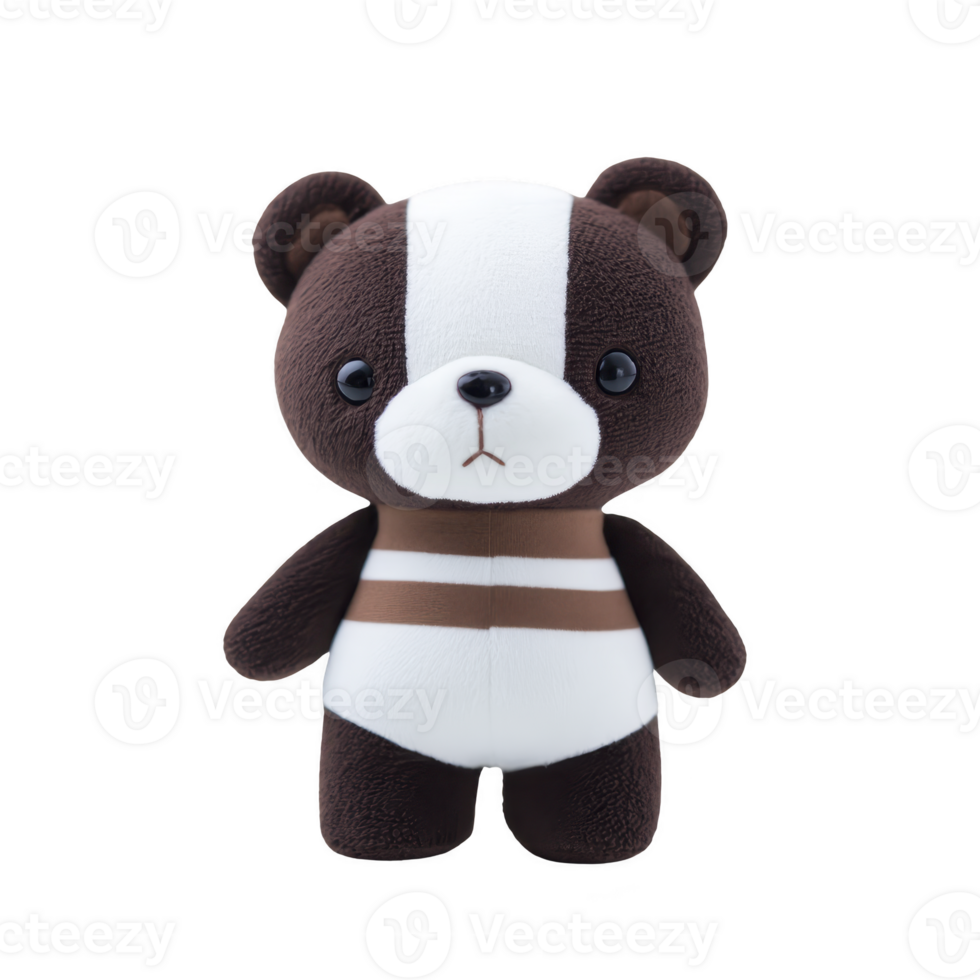 Cute plush bear toy with striped pattern stands upright, featuring soft texture and friendly expression. toy is designed for children and collectors alike png