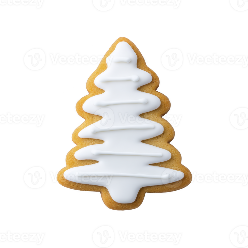 Festive gingerbread cookie shaped like Christmas tree is decorated with white icing, creating cheerful holiday treat. cookie simple design adds touch of elegance to seasonal celebrations png