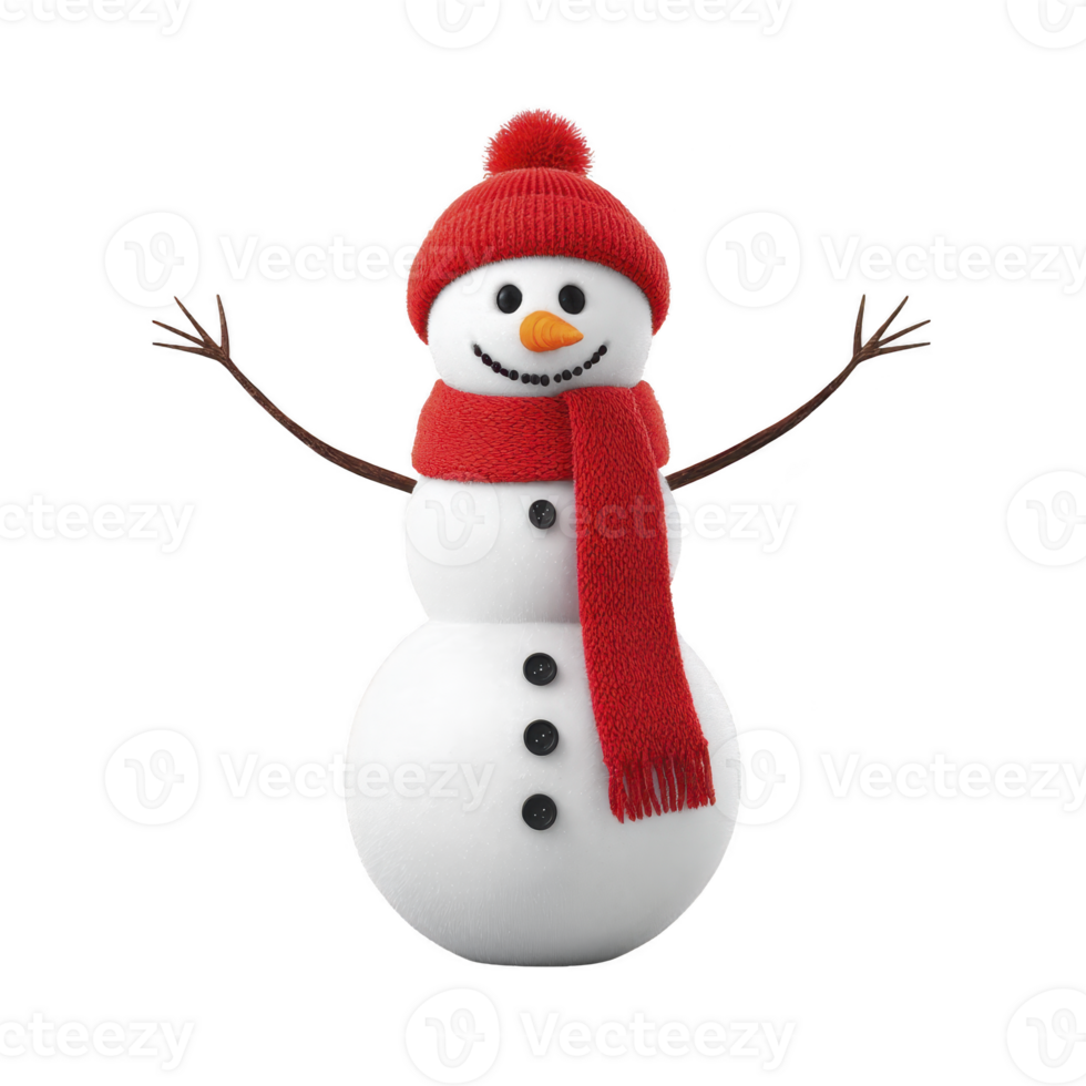 Cheerful snowman with red scarf and hat, featuring stick arms and carrot nose, stands against transparency background, evoking festive winter atmosphere png