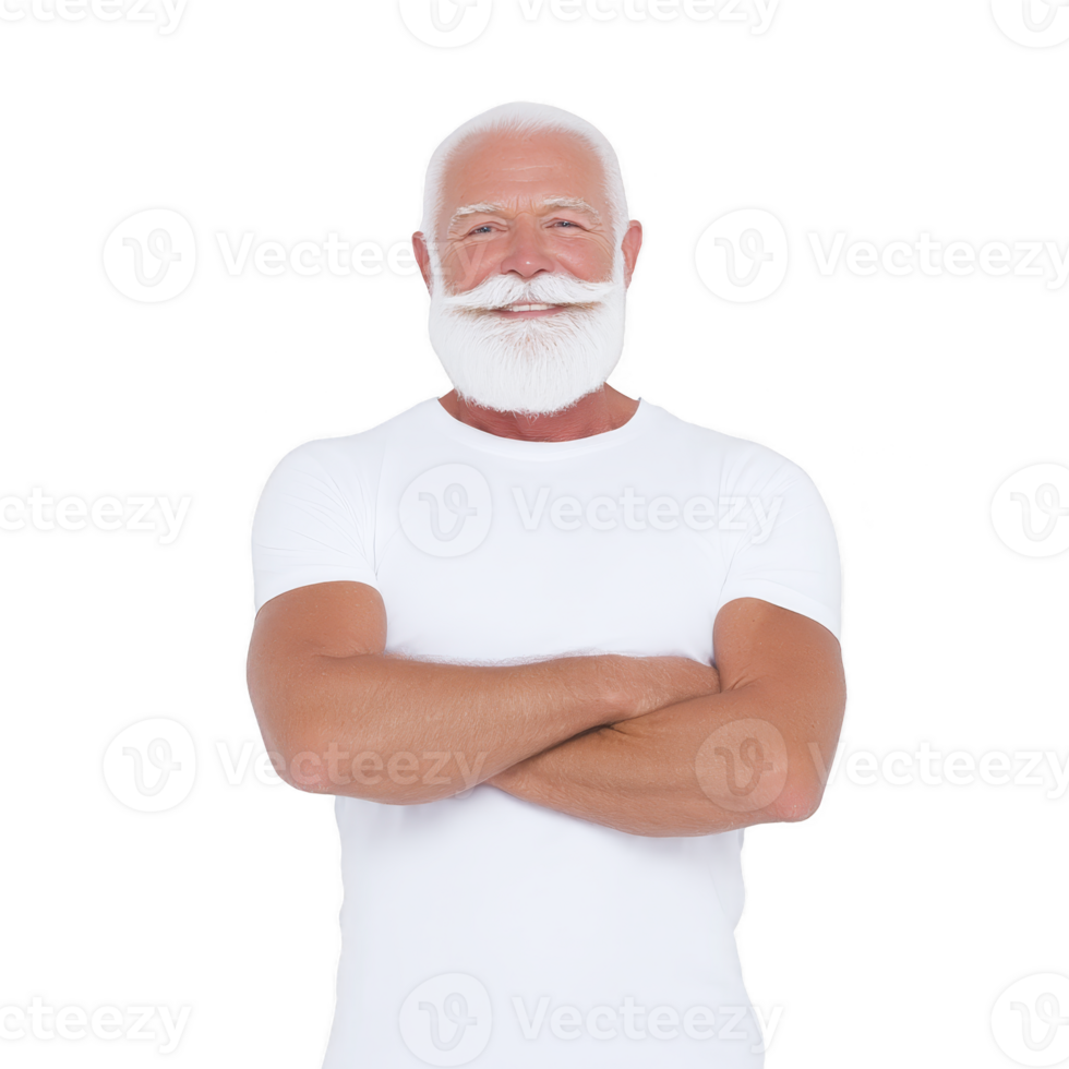 Elderly man with white beard and mustache, wearing white t shirt, stands confidently with arms crossed against plain background. His expression is calm and content png